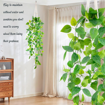 LOYWREE 1 Pack Artificial Hanging Plant Kit with Pot and Hanger - 39" Long Fake Pothos Vines