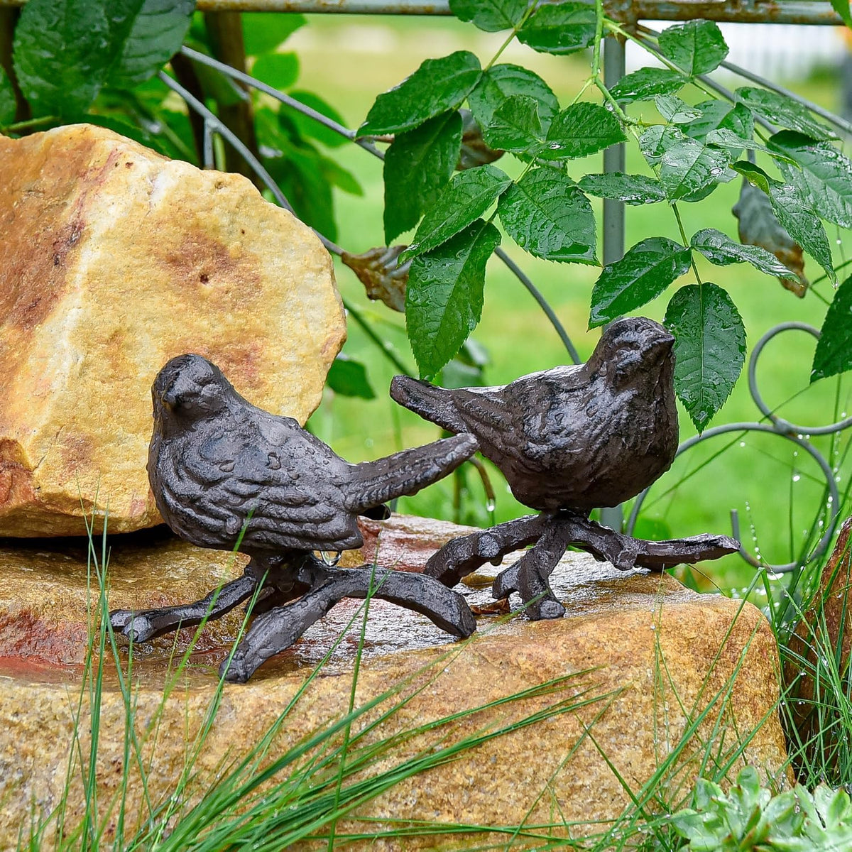 Sungmor Cast Iron Small Bird Statues, Set of 2 Realistic Rust Brown Bird with Branch Collectible