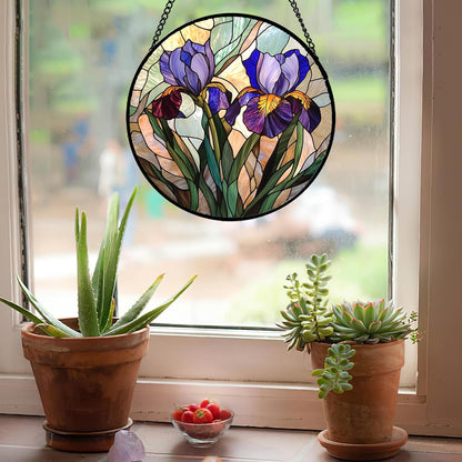 Stained Glass Window Hanging, Purple Blue Iris Birth Flower Suncatcher for Doors Garden Yard Sun