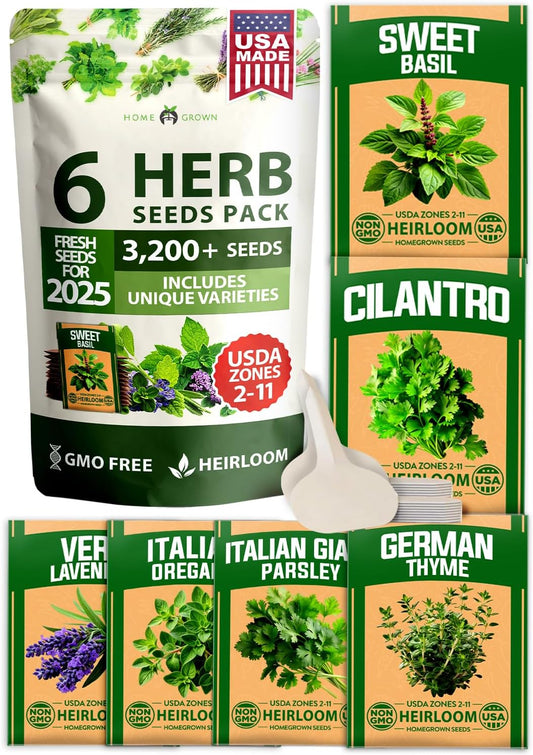 HOME GROWN 6 Herb Seeds for Planting 3,200+ Non-GMO Heirloom Seeds | Extra Large Variety Pack Herb