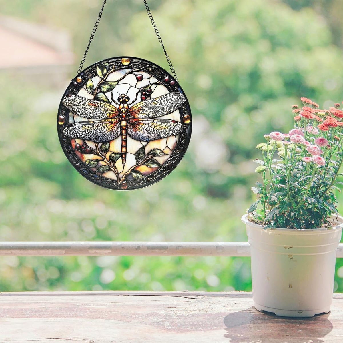 Stained Glass Window Hanging - Dragonfly Plant Suncatcher Ready to Hang Window Doors Home