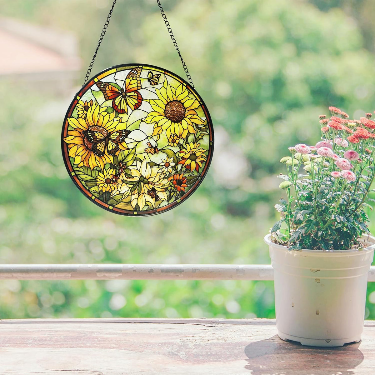 Sunflower Hanging Stained Glass for Windows,Hand-Painted Sun Catcher Garden Hangings，6.3 inch