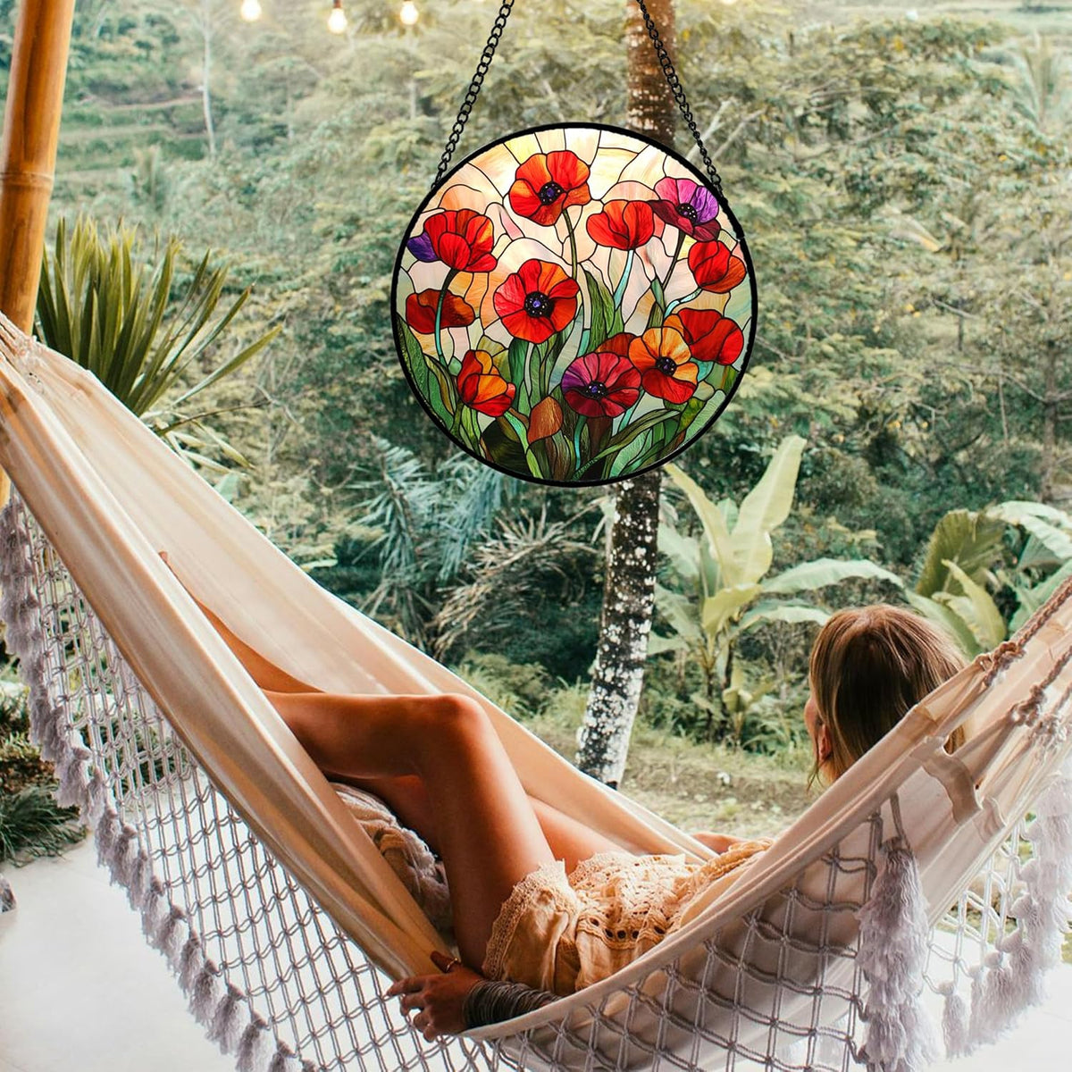 Stained Glass Window Hanging - Poppy Birth Flowers Suncatcher for Door Garden Yard Wildflowers Sun
