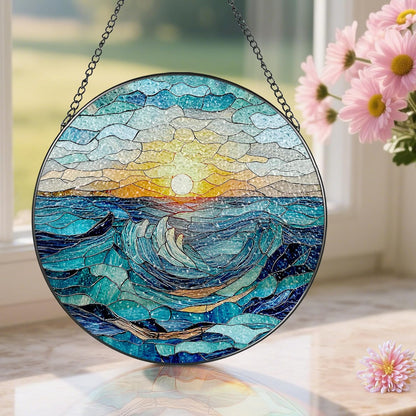 Stained Glass Window Hanging, Pauyadu 8 Inch Beach Stained Glass Suncatcher, Window Decoration