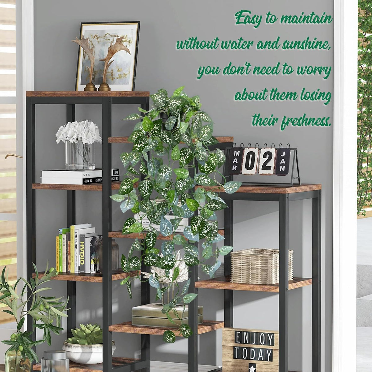 LOYWREE 39-in Long Fake Hanging Plant with Pot Faux Pothos Artificial Potted Plants Small Faux Ivy