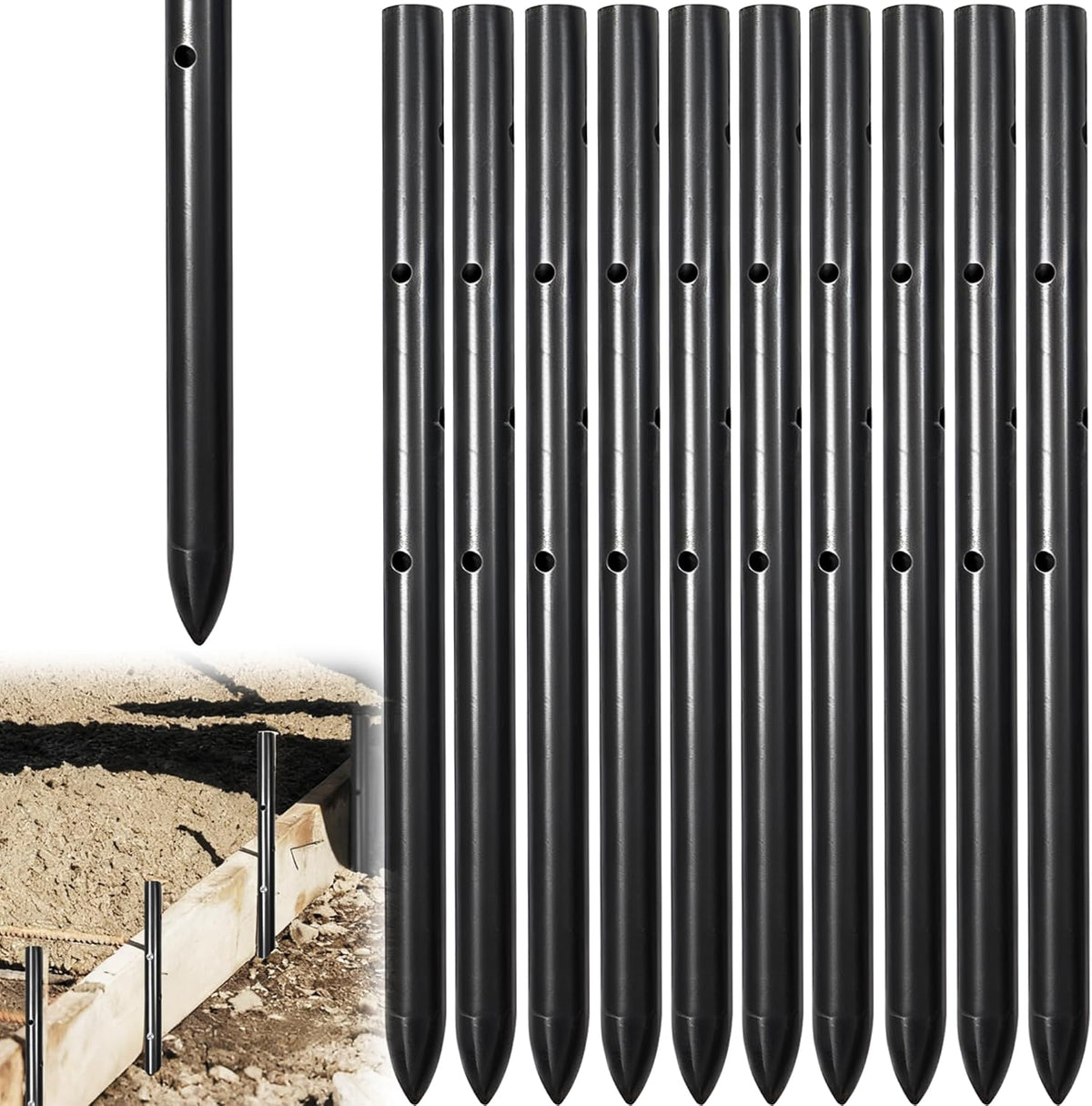 10PCS 12 Inch Round Steel Concrete Form Stakes with Holes Heavy Duty Rebar Stakes Concrete Pins for