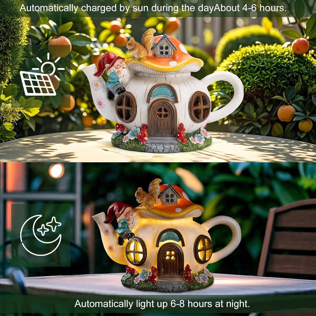 Mushroom Fairy House Garden Decor Solar Light – Outdoor Gnome Statue with Squirrel, Resin Teapot