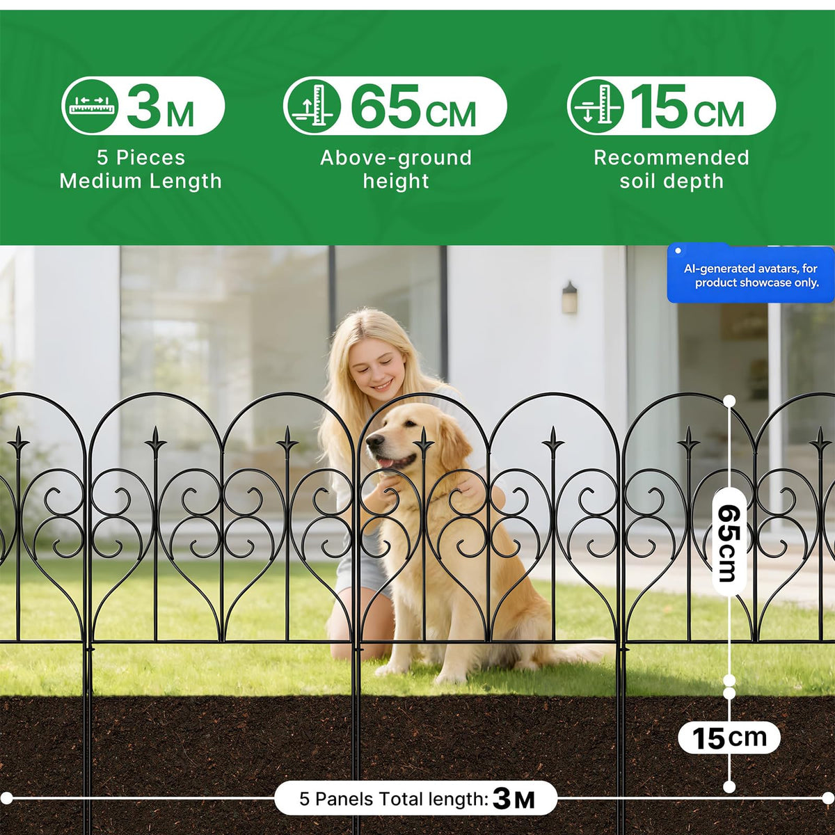 Thealyn Garden Fence 32" H x 10ft (5 Panels), No Digging Heavy Duty Metal Fence Panels, Rustproof
