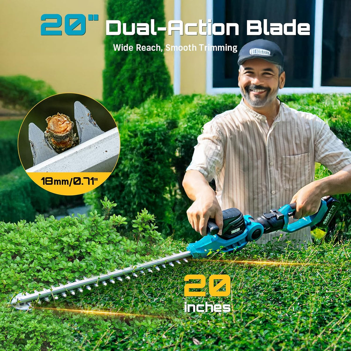 SEESII Pole & Cordless Hedge Trimmer 2-in-1: Electric Bush Trimmer with 20" Dual-Action Blade - 2