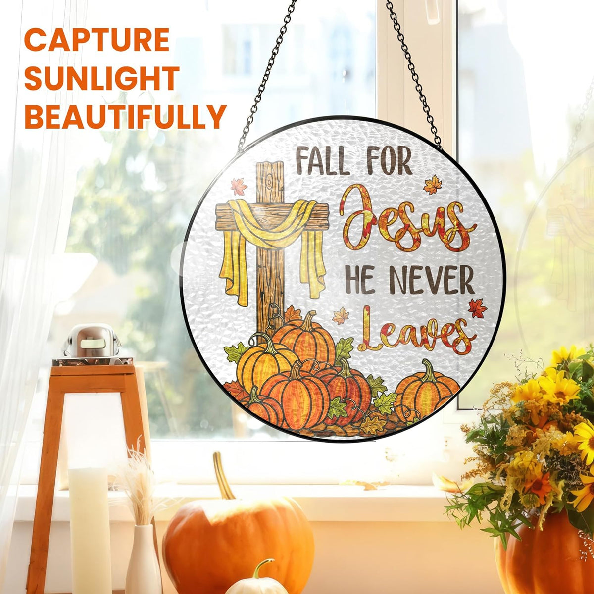 FLAGWIX Fall Decorations for Home - Stained Glass Window Hanging 8in - Christian Sun Catchers