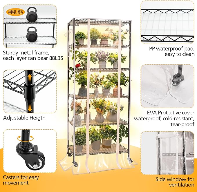 Meonum Plant Shelf with Grow Lights, 6 Tier DIY Metal Grow Rack with 90W LED Growing Lamps for Seed