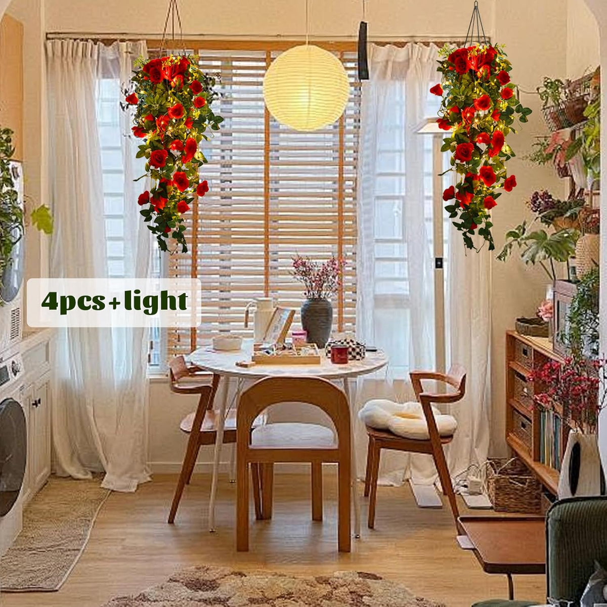 RECUTMS Hanging Flowers Artificial Hanging Rose Flower 2PCS 3.3Ft for Outdoors with 30 LED Fairy