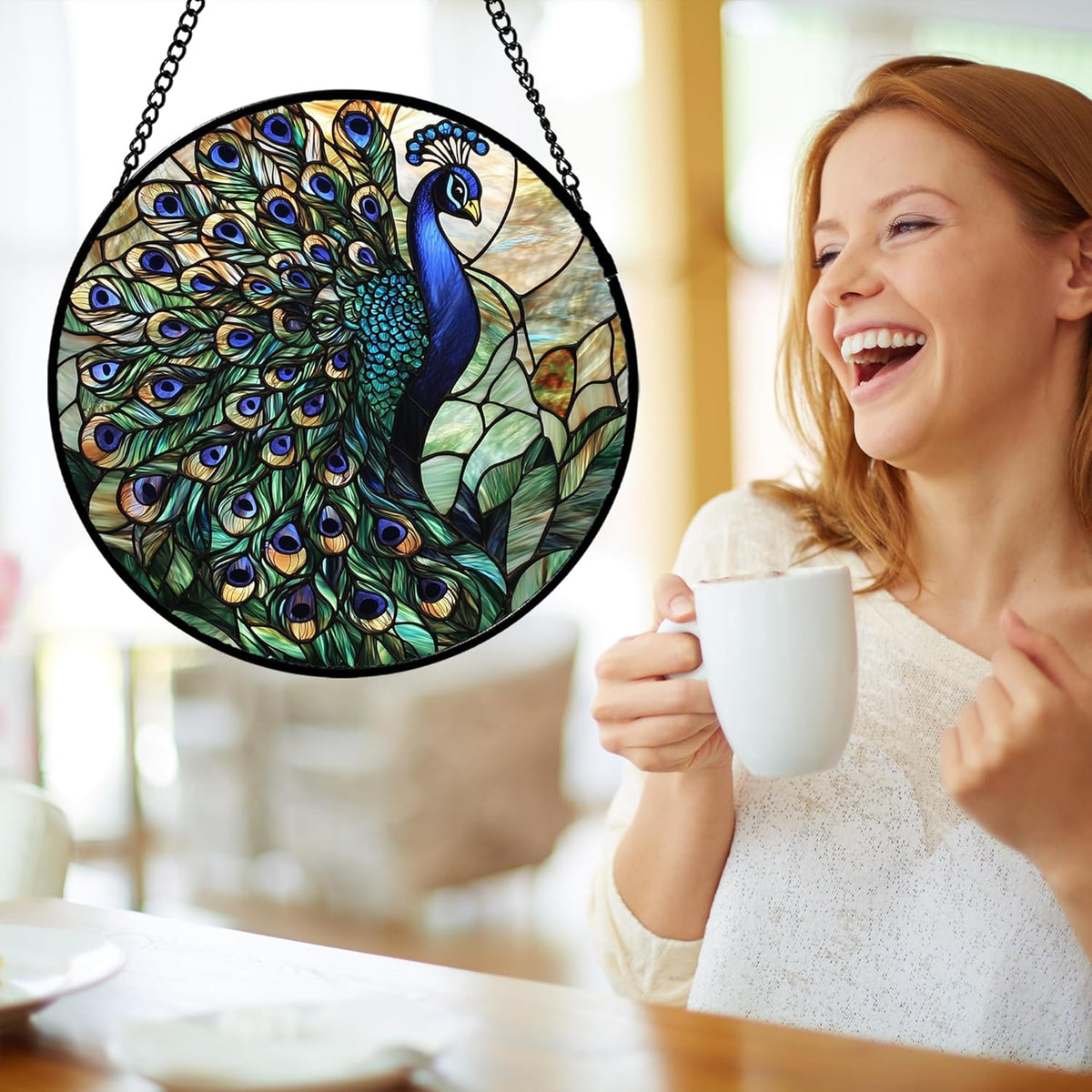 Stained Glass Window Hanging, Blue Green Peacock Decor Suncatcher for Door Garden Home Decoration