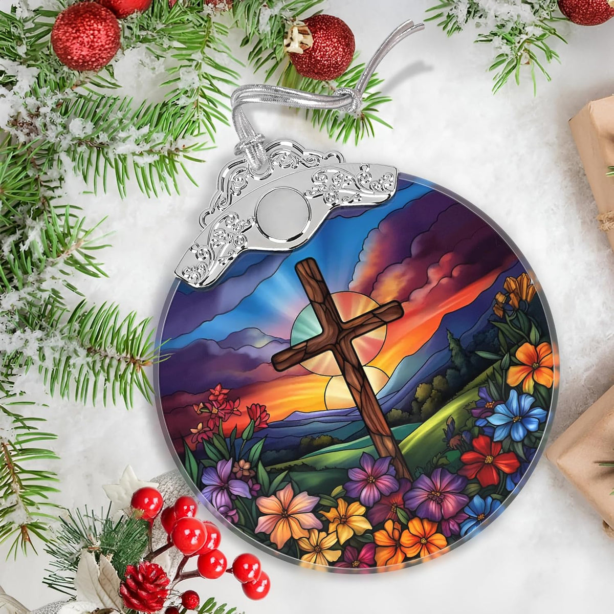 Cross Spring Flower Stained Glass Orament - Christmas Ornament - Christmas Decorations for Tree