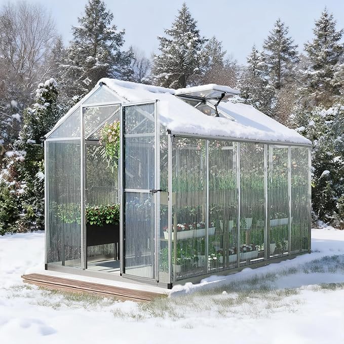 Aoodor 6 x 10 Ft Walk-in Greenhouse with Gutter, Polycarbonate and Heavy-Duty Aluminum Frame