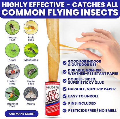 Fly Strips Indoor Sticky Hanging 24pk with Pins. Non Toxic Outdoor Fly Trap Indoor for Home. Flies