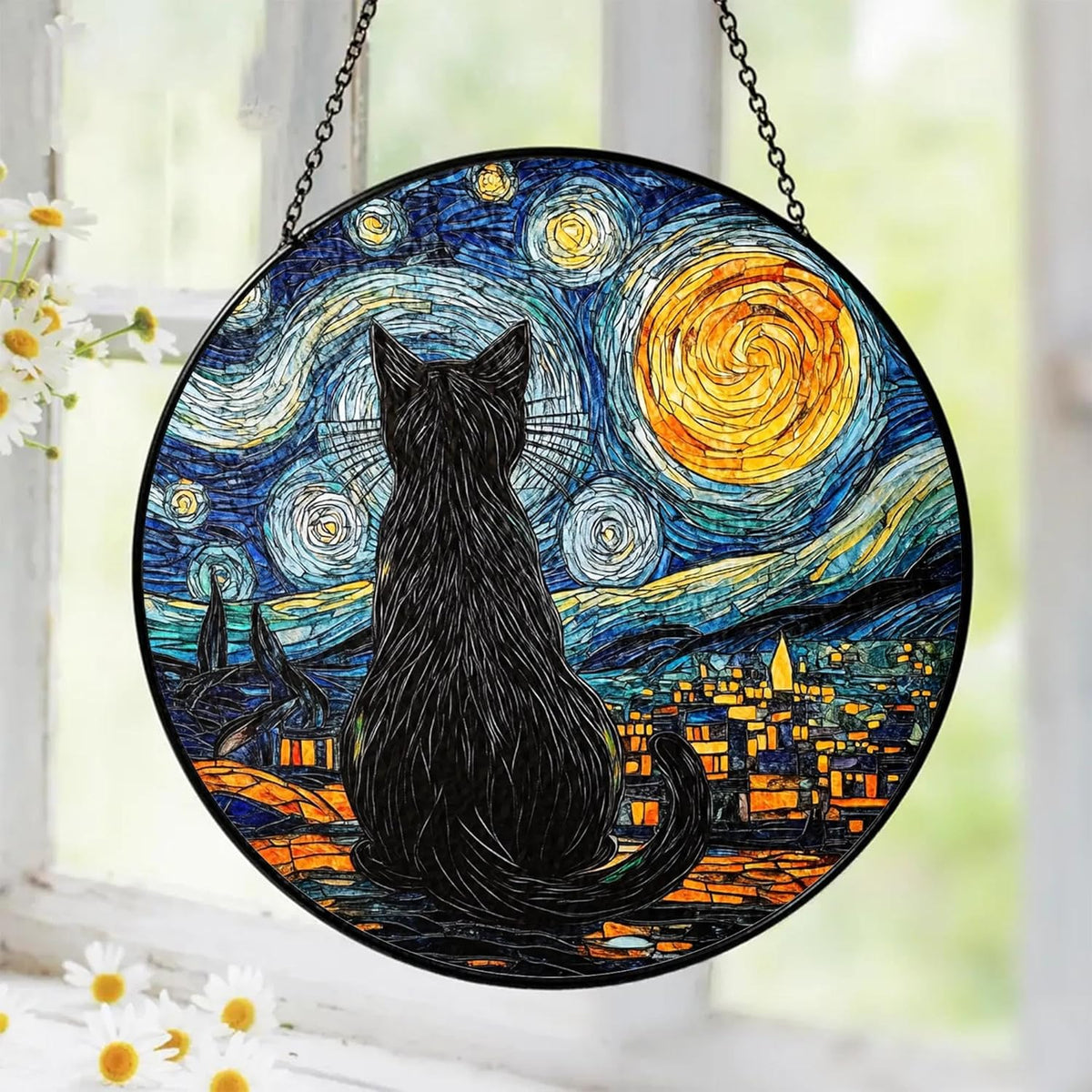 Starry Night Black Cat Stained Glass Suncatcher Window Hanging Decor for Garden, Cat Suncatcher