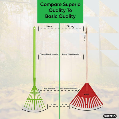 Leaf Rake, Red Kid Size Leaf Collector, Bulk Pack Gardening Rake, 24-Pack Plastic Rakes with Wood