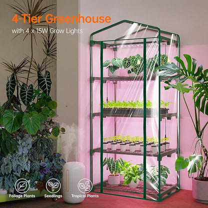 Bstrip Indoor Greenhouse with Grow Lights, 4 Tier 27.2" L×19.9" W×61.8" H Mini Greenhouse with