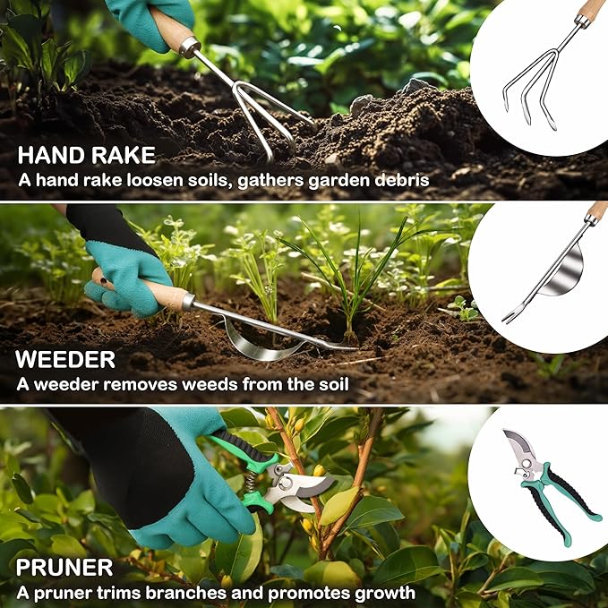 Bluemars Gardening Hand Tool Kit 14PCS Heavy Duty Stainless Steel Garden Tool Set with Floral