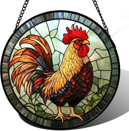 Stained Glass Window Hanging - Rooster Suncatcher for Doors Garden Patio Retro Colored Chicken Sun
