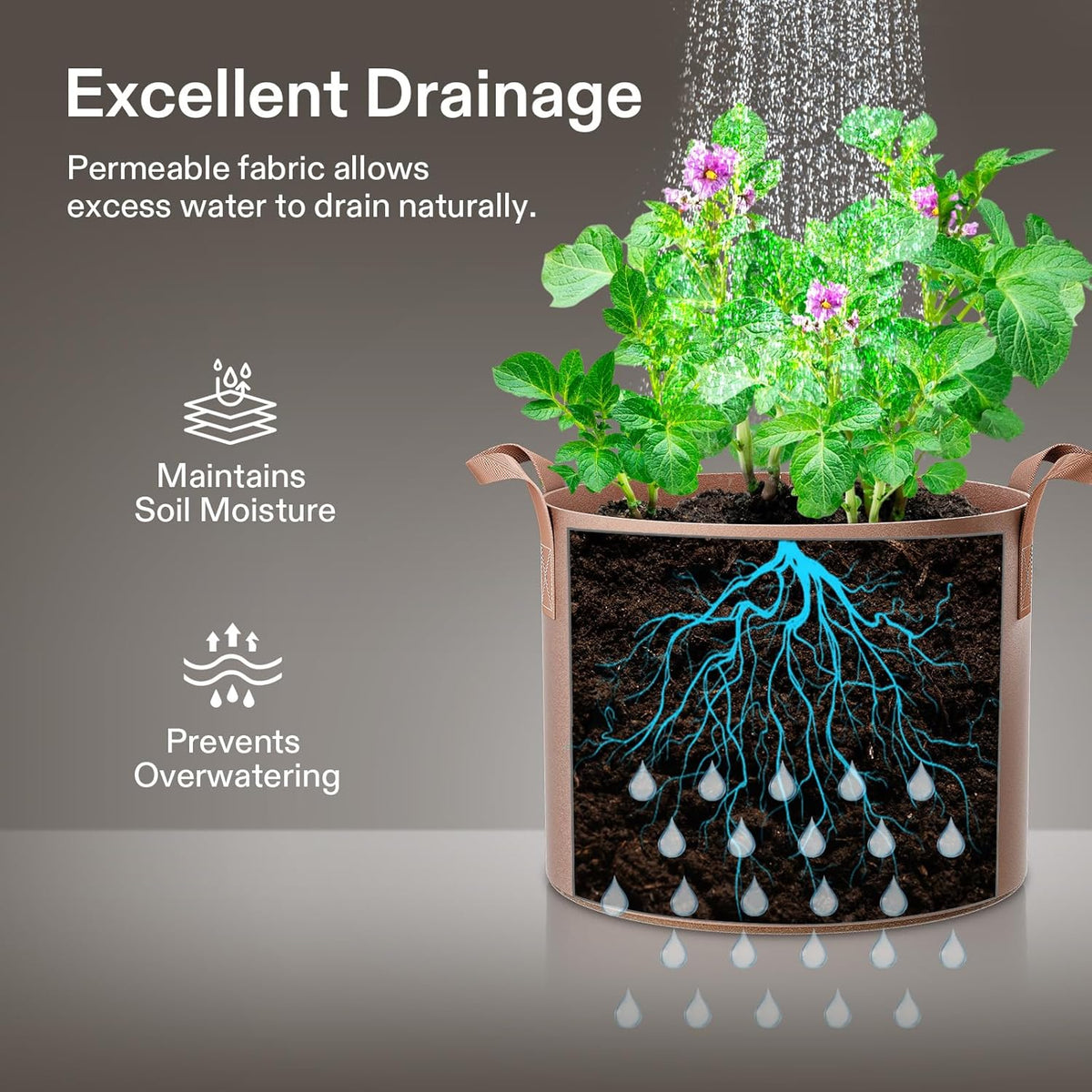 VIVOSUN 5-Pack 20 Gallons Grow Bags Heavy Duty Thickened Nonwoven Fabric Pots with Strap Handles Tan