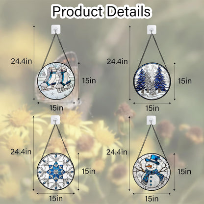 Stained Glass Window Hanging 4 Pcs Set White Winter Christmas Snow Scene Large 15" - Suncatcher