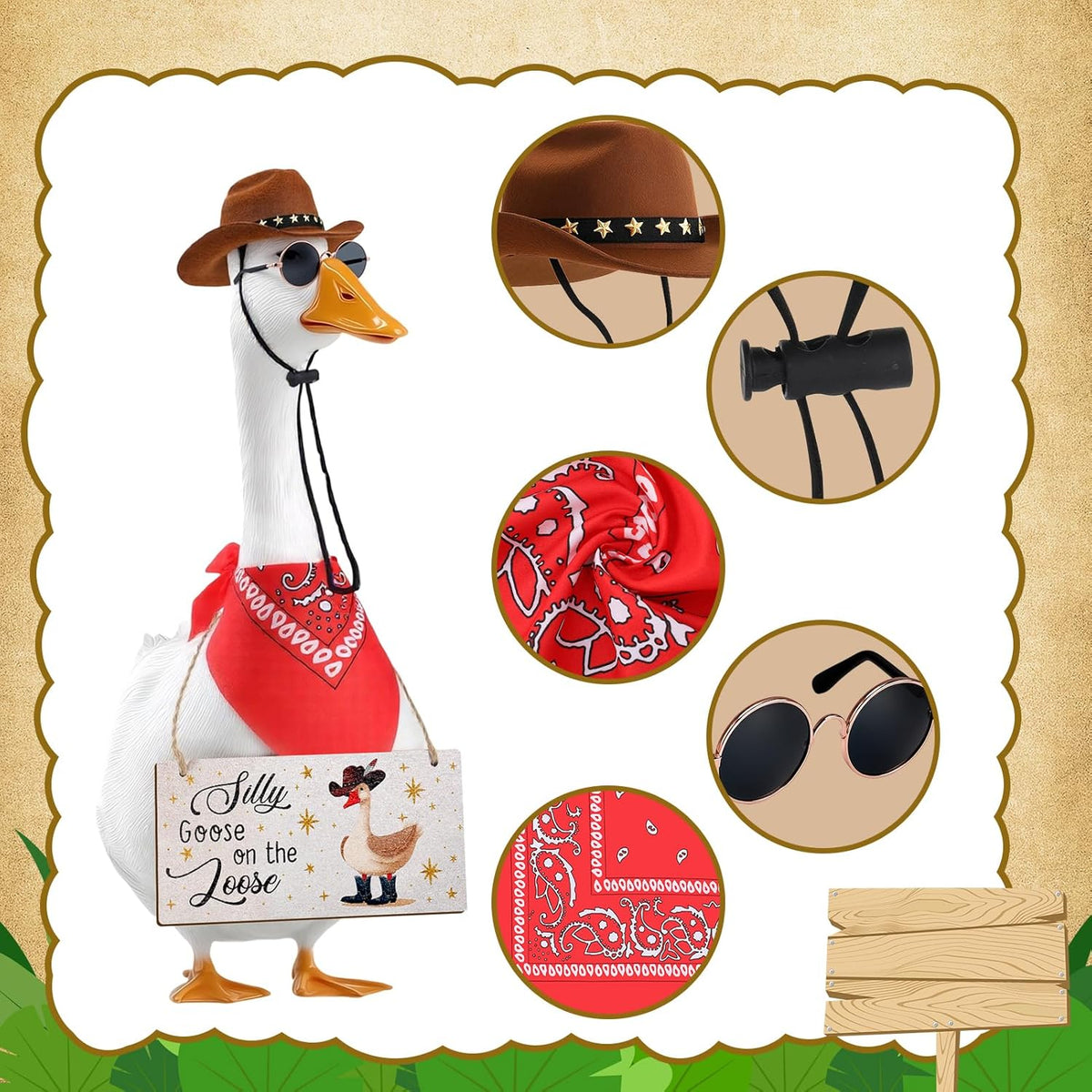 4pcs Western Cowboy Porch Goose Outfits, Silly Goose on The Loose Hangings Sign Cowboy Hat Bandana