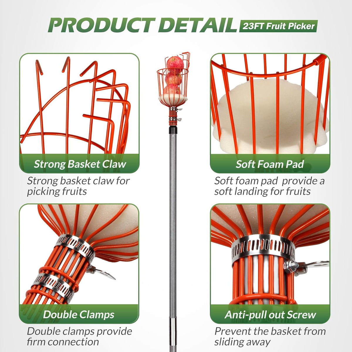 Walensee 23FT Fruit Picker, Adjustable Fruits Picker Tool with Fiberglass Pole, Big Basket and