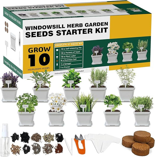 10 Herb Seeds Garden Starter Grow Kit with White Pots, Markers, Nutritional Soil, Watering, Herb