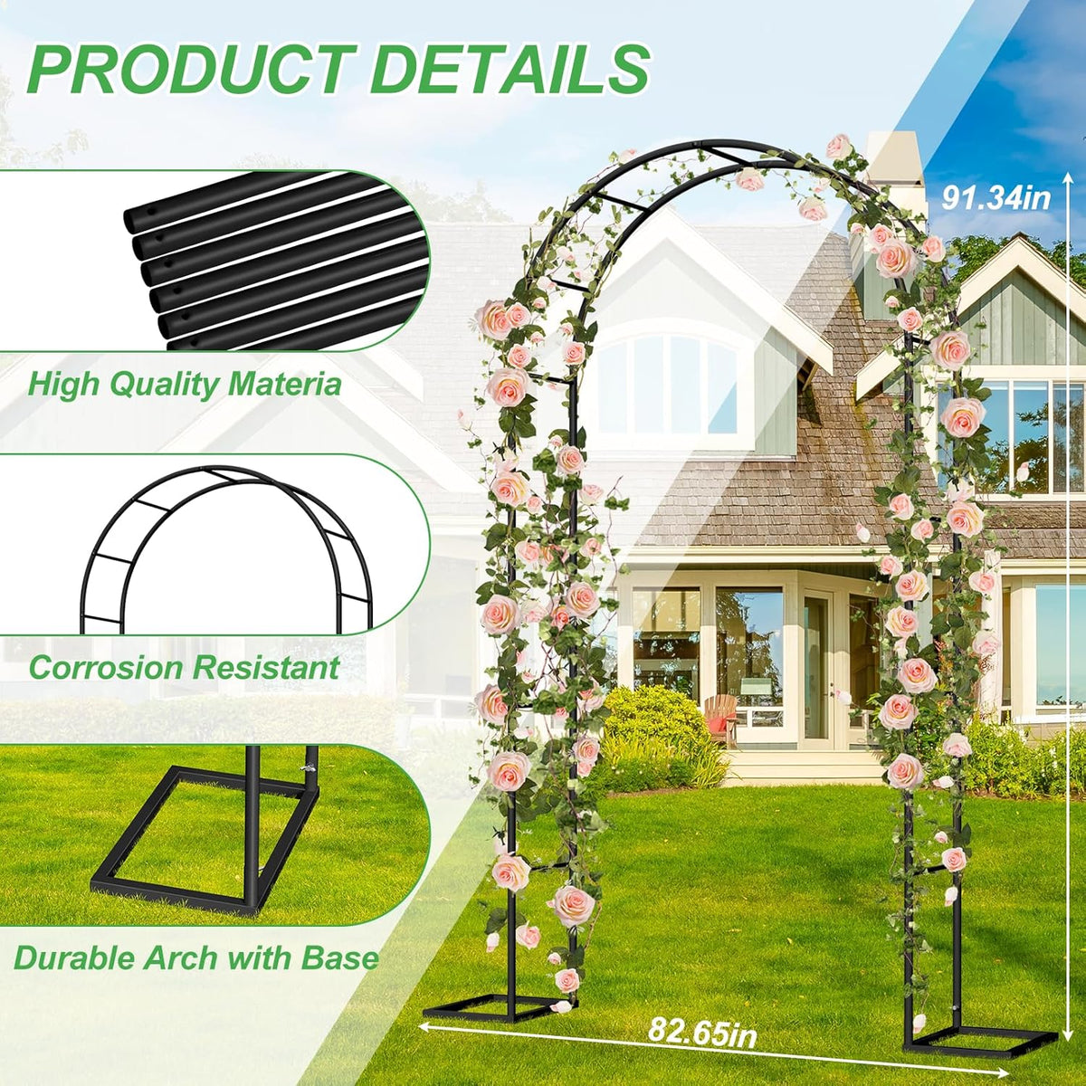 Metal Garden Arch Trellis Arbor, Wedding Arch Stand with Steel Frame,5.3'W * 7.6'H or 7.9'W * 6.3'H