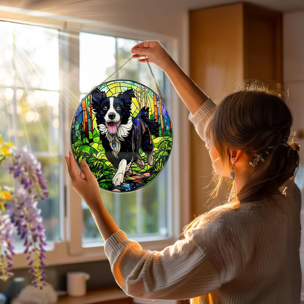 8″ Stained Glass Window Hanging Ornament, Border Collie Stained Glass Suncatcher Ornament