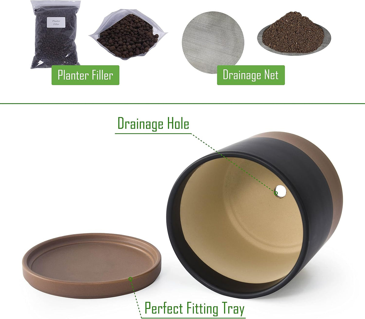 D'vine Dev 8 Inch Ceramic Planter Pot with Drainage Hole and Saucer, Indoor Cylinder Round Planter