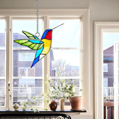 Handmade Stained Glass Hummingbird Hanging Ornament - Colorful 4.3x4.9 Inch Window/Garden Decor for