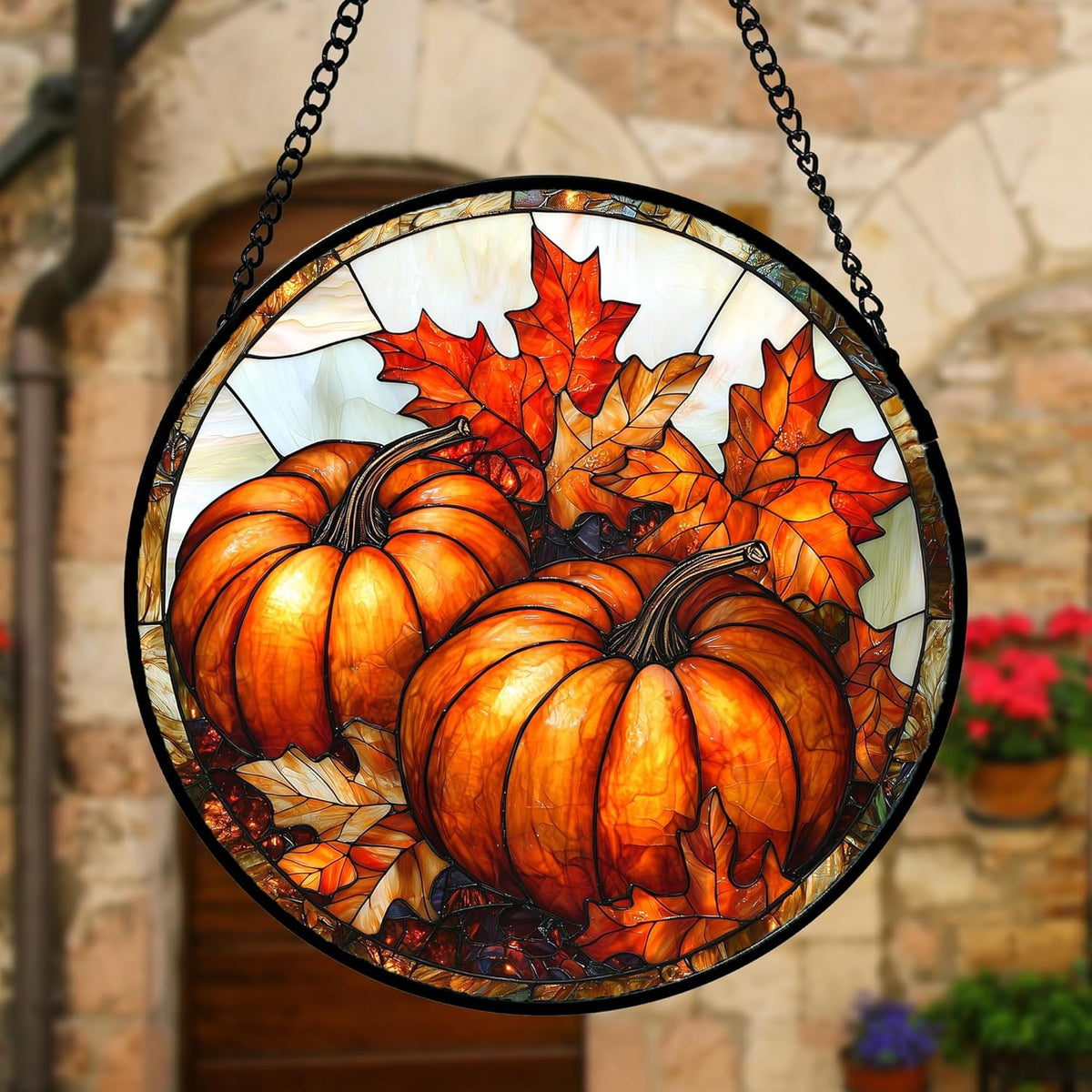 Stained Glass Window Hanging, Pumpkin Maple Leaf Suncatcher for Doors Home Sun Catchers Decoration