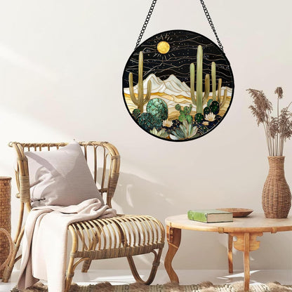 Stained Glass Window Hanging, Black and White Golden Cactus Nature Suncatcher for Doors Window Home