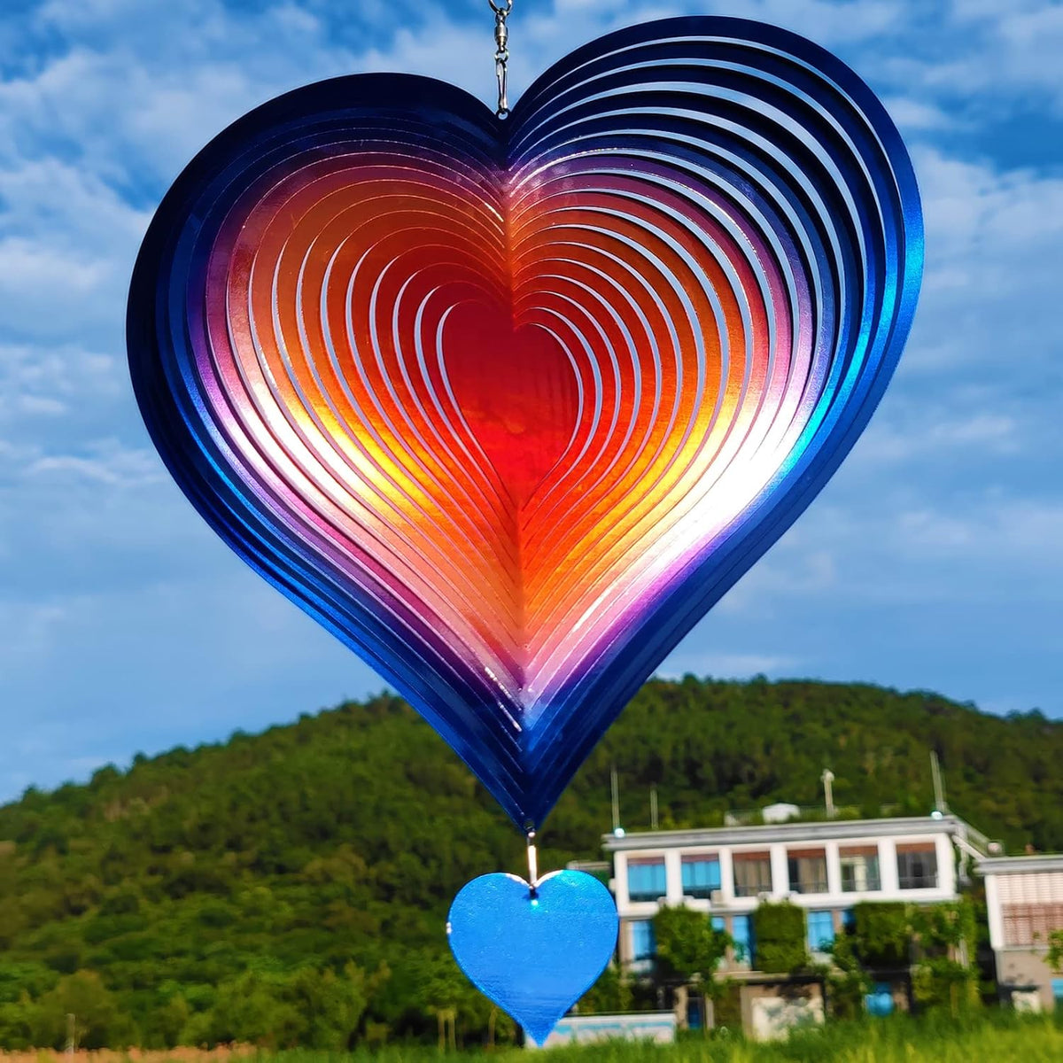 DJUAN Wind Spinners Outdoor Garden Decor 12inch Blue-Orange Love Heart Hanging Wind Spinner Metal