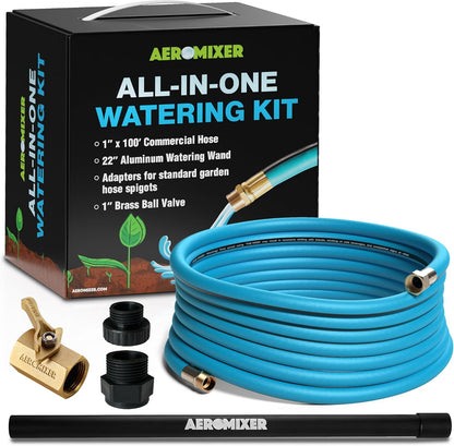 Aeromixer THE HOSE: All-In-One Watering Kit - Heavy Duty 1" 100 Ft Garden Hose, Kinkless Garden