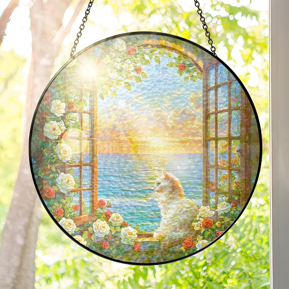 FLAGWIX Christmas Cat Gifts for Women - Stained Glass Window Hanging 8 in - Beach Gifts for Women