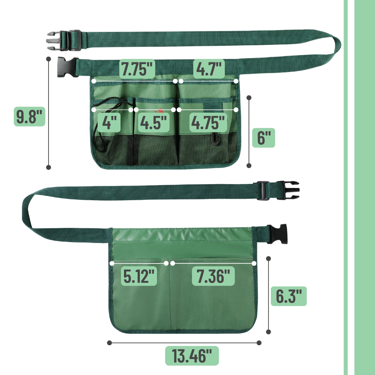 UNCO- Adjustable Gardening Belt, Green, 7 Pockets, Wear, Cut and Water Resistant, Garden Tool Belt