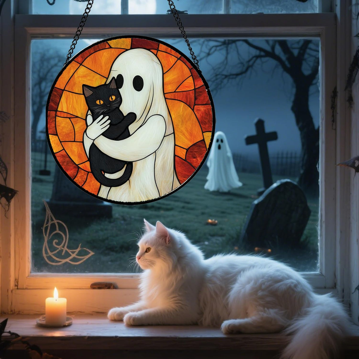 Stained Glass Window Hanging - Halloween Decorations White Ghost Black Cat Suncatcher for Doors
