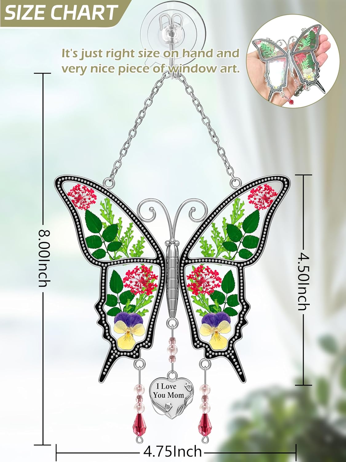 KY&BOSAM Butterfly Suncatcher for Windows Hanging I Love You Mom Stained Glass Wind Chimes Decor
