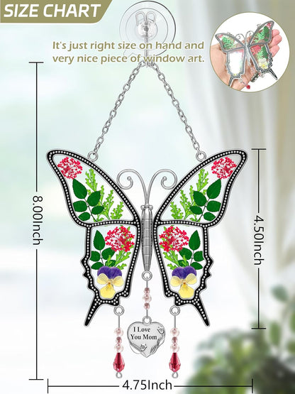 KY&BOSAM Butterfly Suncatcher for Windows Hanging I Love You Mom Stained Glass Wind Chimes Decor
