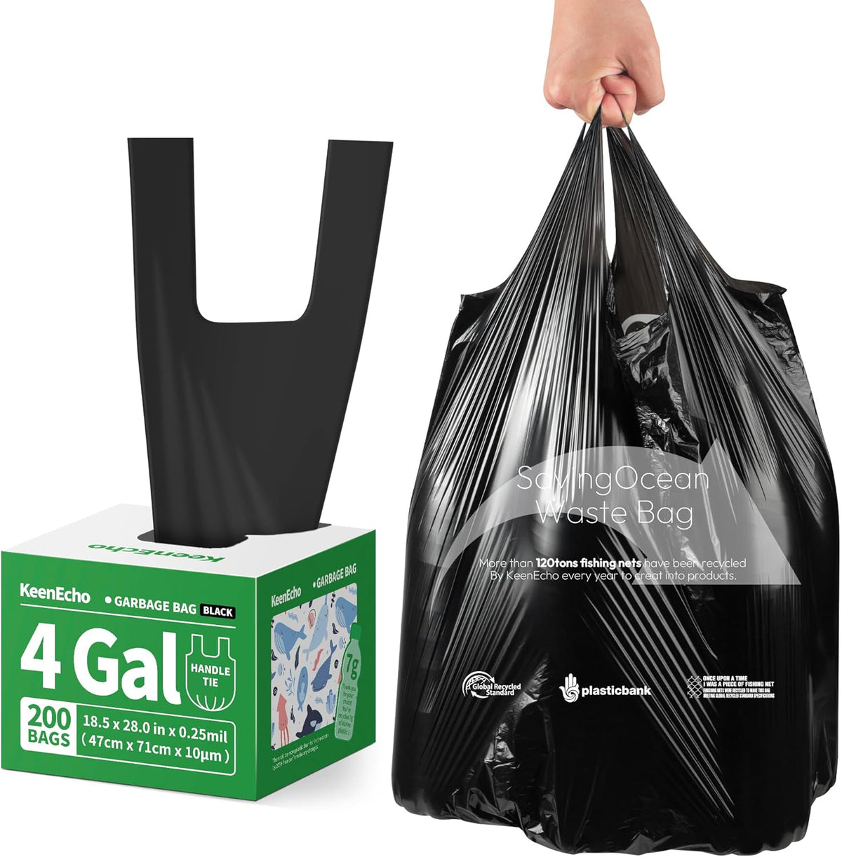 Small Trash Bags with Handles 4 Gallon 200 Count Black - Ocean Plastic Upcycling - Plastic Garbage