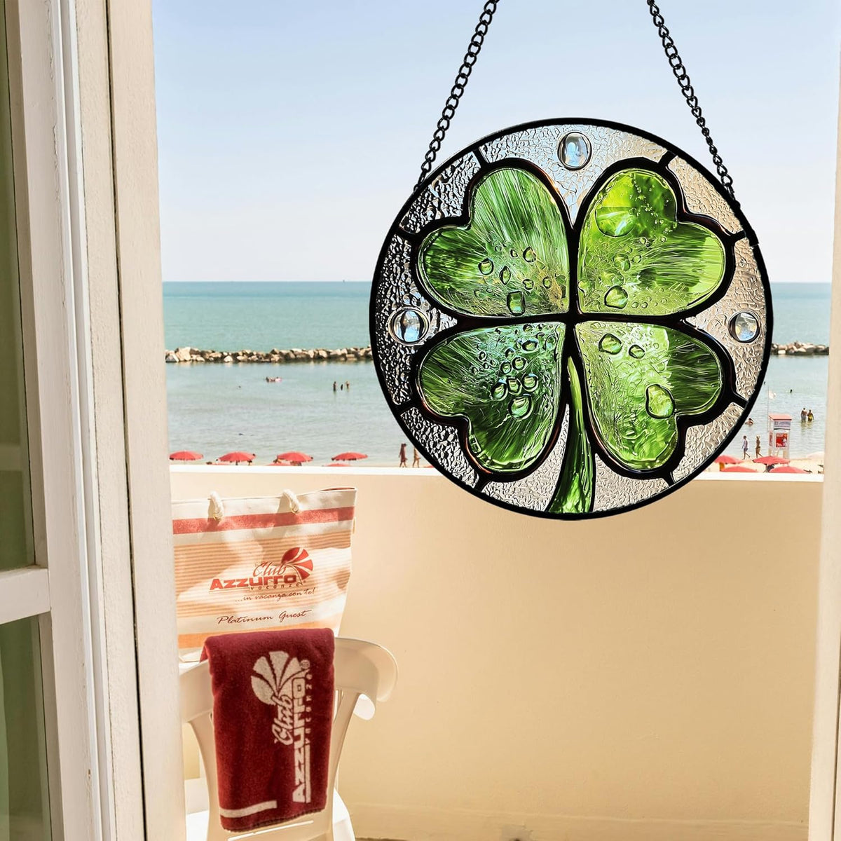 Stained Glass Window Hanging, Green Silver 4 Leaf Clover Sun Catcher for Window Door Home Decor