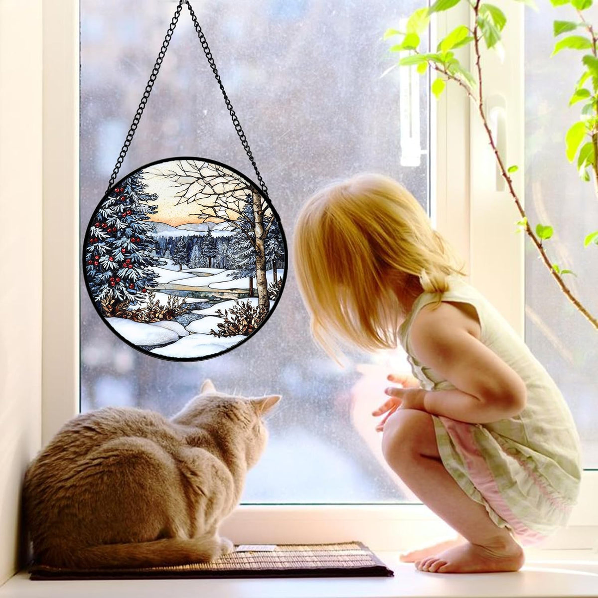 Stained Glass Window Hanging, Winter Snow Landscape Suncatcher Diamond Glass Panel Sun Catchers