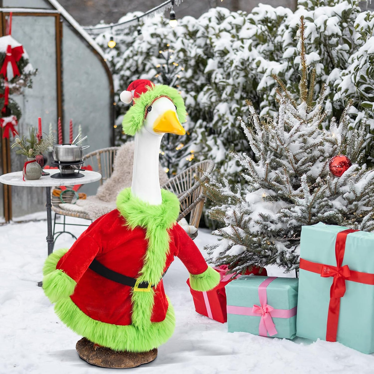 Christmas Porch Goose Outfit for 23" High Cement or Plastic Green Santa Claus Costume Lawn