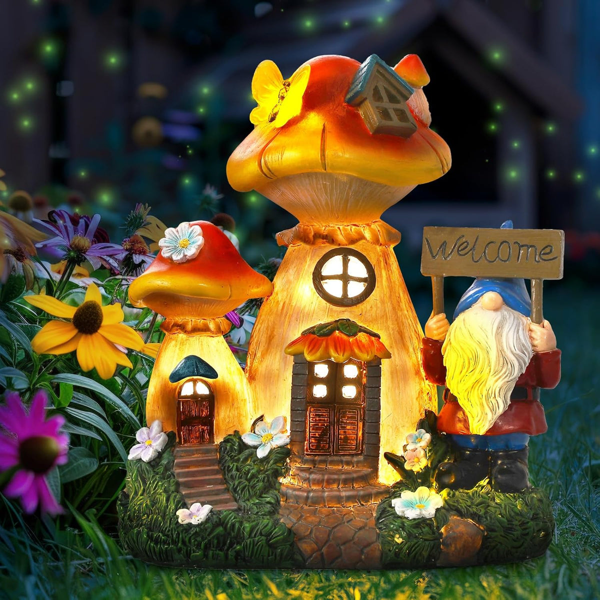 Json Solar Garden Statue Lights Mushroom Fairy House Figurine, Outdoor Memorial Garden Ornaments
