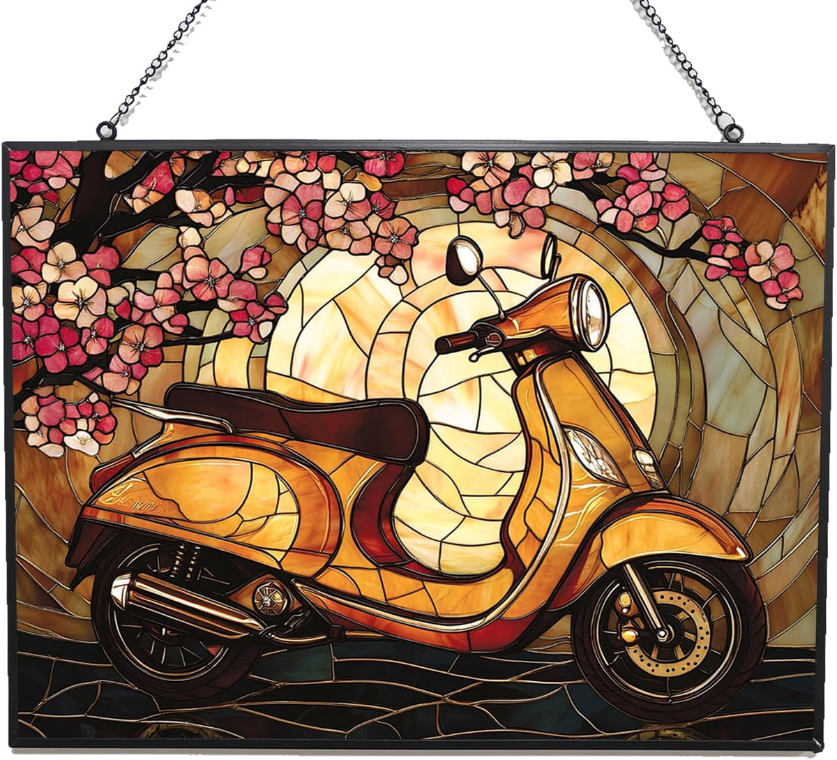 Customized Rectangle Art Nouveau Cherry Scooter Suncatcher Stained Glass Window Hangings Sun