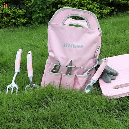 Pink Garden Tool Sets 12 Pieces, iHansee Aluminum Gardening Hand Tools with Non-Slip Handle